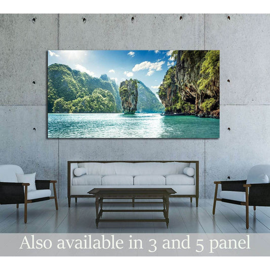 Tropical Limestone Karsts Canvas Print for Exotic Home DecorThis canvas print captures the majestic limestone karsts and emerald waters of a tropical paradise, reminiscent of Thailand's iconic Phi Phi Islands. It's a stunning visual escape, perfect for ad