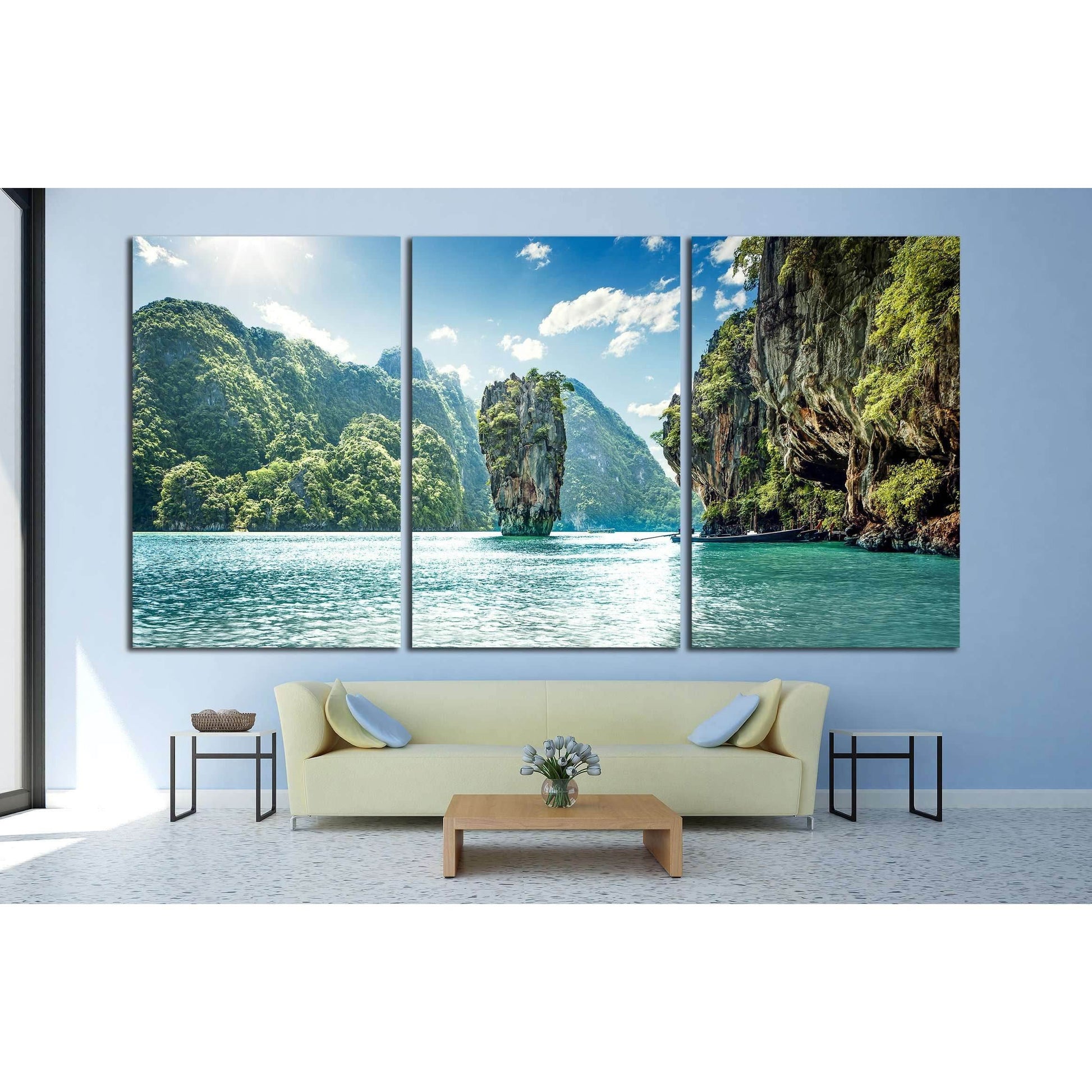 Tropical Limestone Karsts Canvas Print for Exotic Home DecorThis canvas print captures the majestic limestone karsts and emerald waters of a tropical paradise, reminiscent of Thailand's iconic Phi Phi Islands. It's a stunning visual escape, perfect for ad