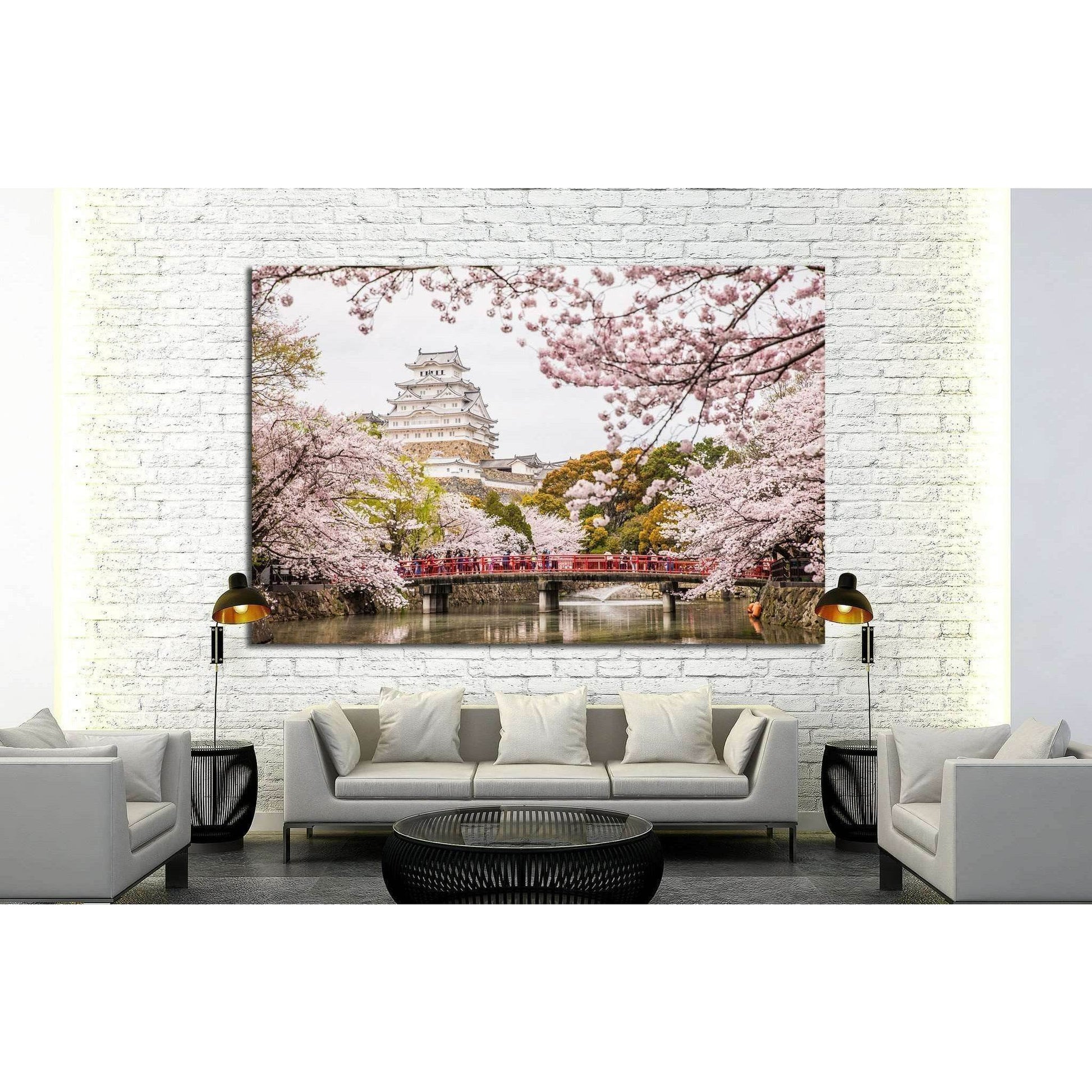 Himeji Castle and Cherry Blossoms Canvas Print for Cultural DecorThis canvas print beautifully captures Himeji Castle, one of Japan's most renowned castles, framed by the delicate pink blossoms of sakura trees. The vibrant scene is enriched by the presenc