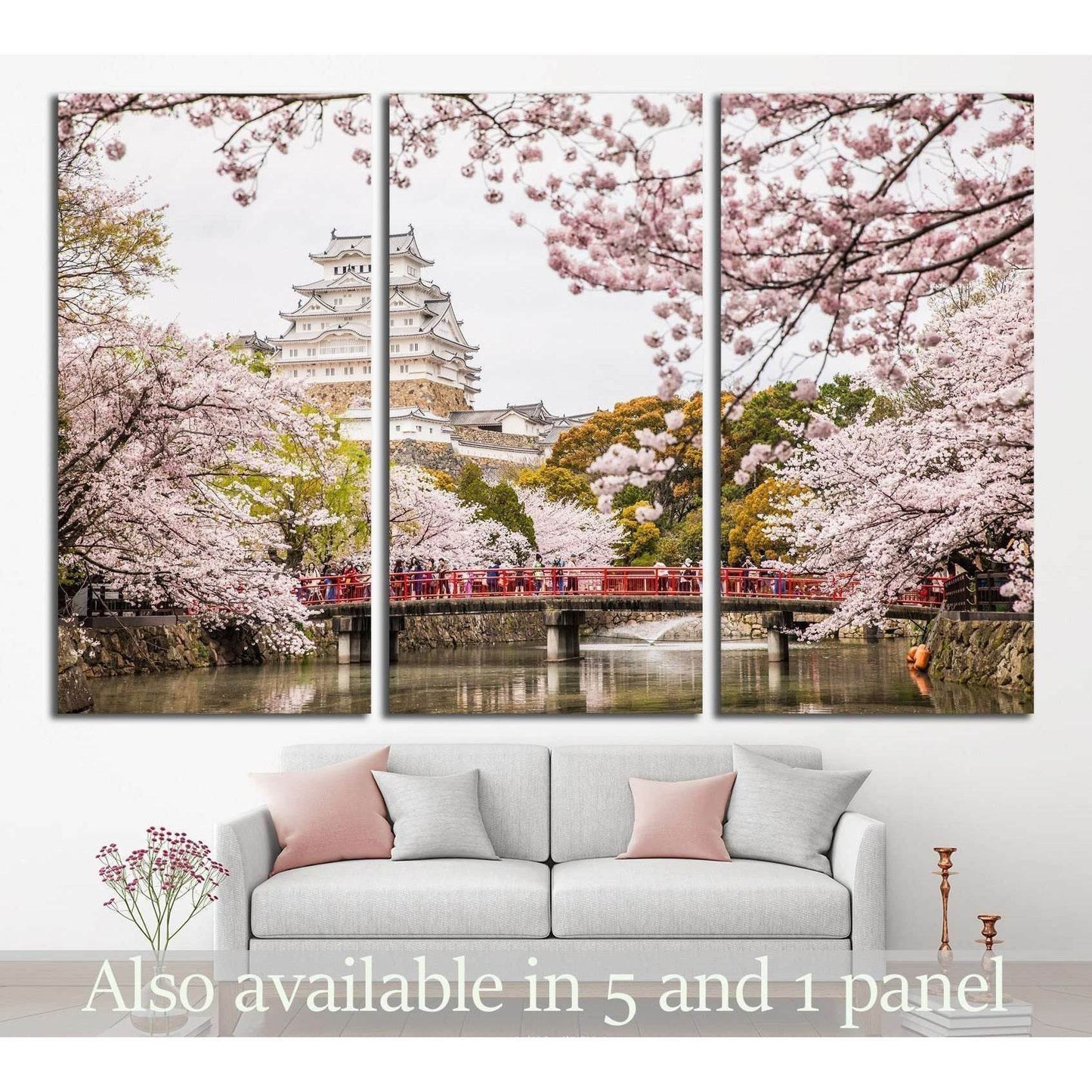 Himeji Castle and Cherry Blossoms Canvas Print for Cultural DecorThis canvas print beautifully captures Himeji Castle, one of Japan's most renowned castles, framed by the delicate pink blossoms of sakura trees. The vibrant scene is enriched by the presenc