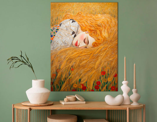 Klimt-Inspired Golden-Haired Woman Sleeping in Wheat Field - Canvas Print - Artoholica Ready to Hang Canvas Print