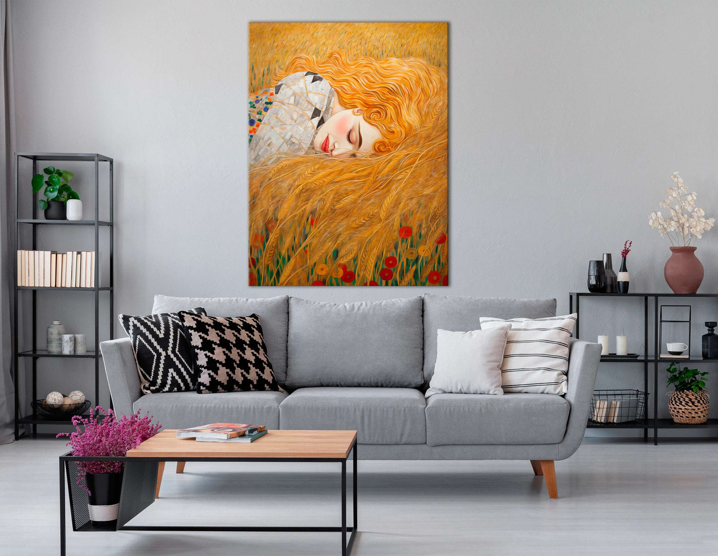 Klimt-Inspired Golden-Haired Woman Sleeping in Wheat Field - Canvas Print - Artoholica Ready to Hang Canvas Print