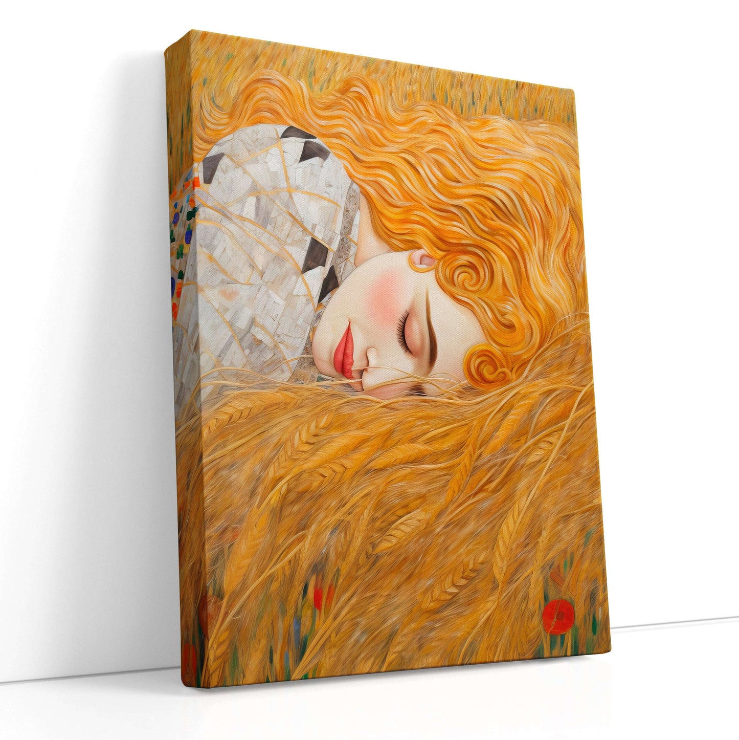 Klimt-Inspired Golden-Haired Woman Sleeping in Wheat Field - Canvas Print - Artoholica Ready to Hang Canvas Print