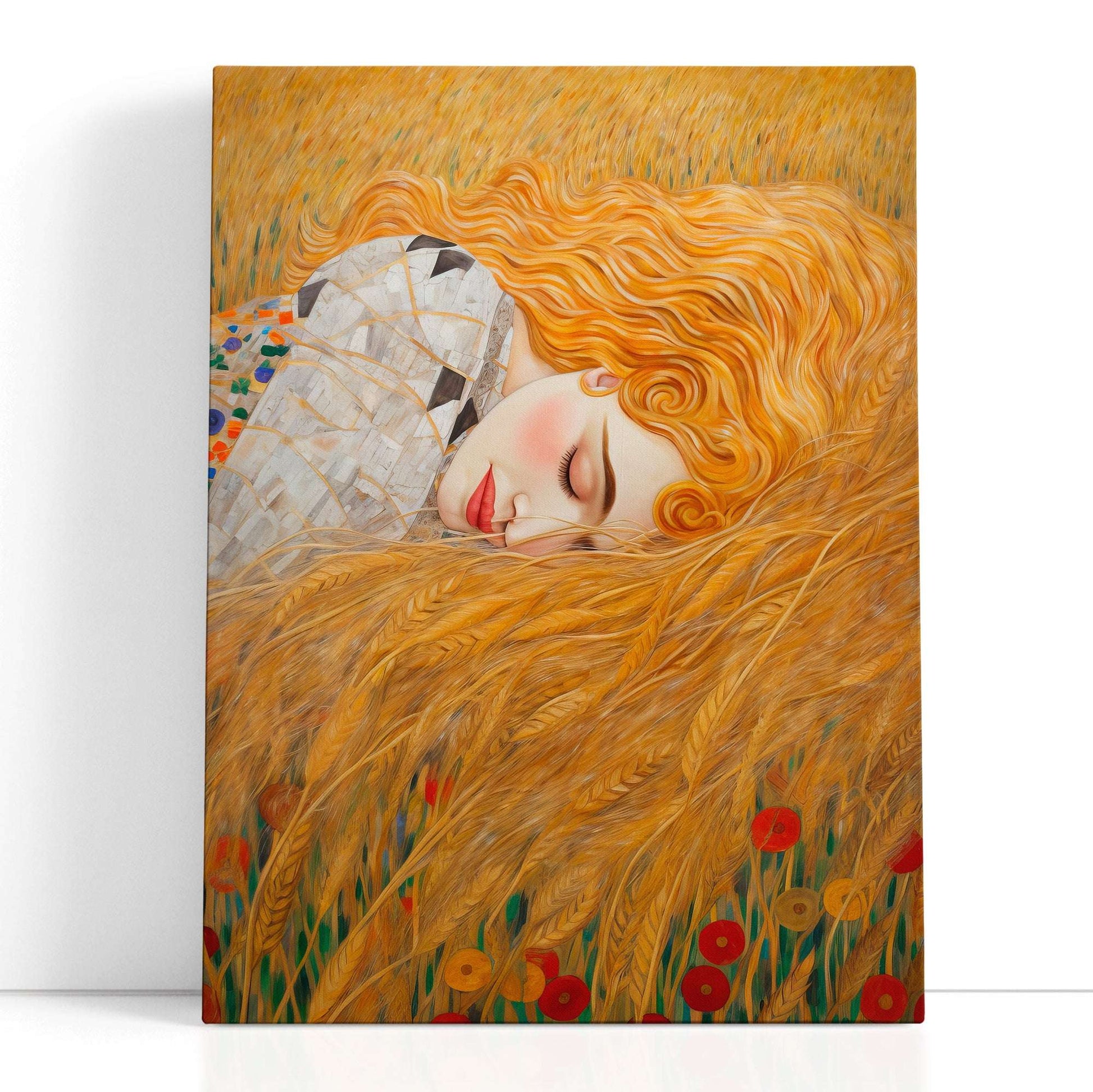 Klimt-Inspired Golden-Haired Woman Sleeping in Wheat Field - Canvas Print - Artoholica Ready to Hang Canvas Print