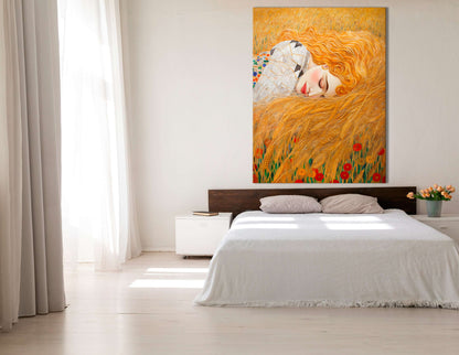 Klimt-Inspired Golden-Haired Woman Sleeping in Wheat Field - Canvas Print - Artoholica Ready to Hang Canvas Print