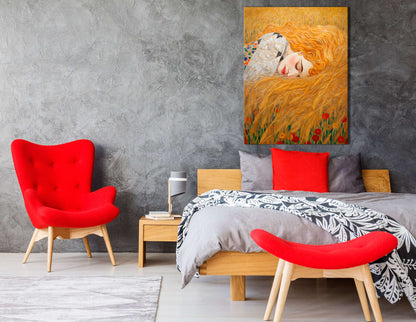 Klimt-Inspired Golden-Haired Woman Sleeping in Wheat Field - Canvas Print - Artoholica Ready to Hang Canvas Print