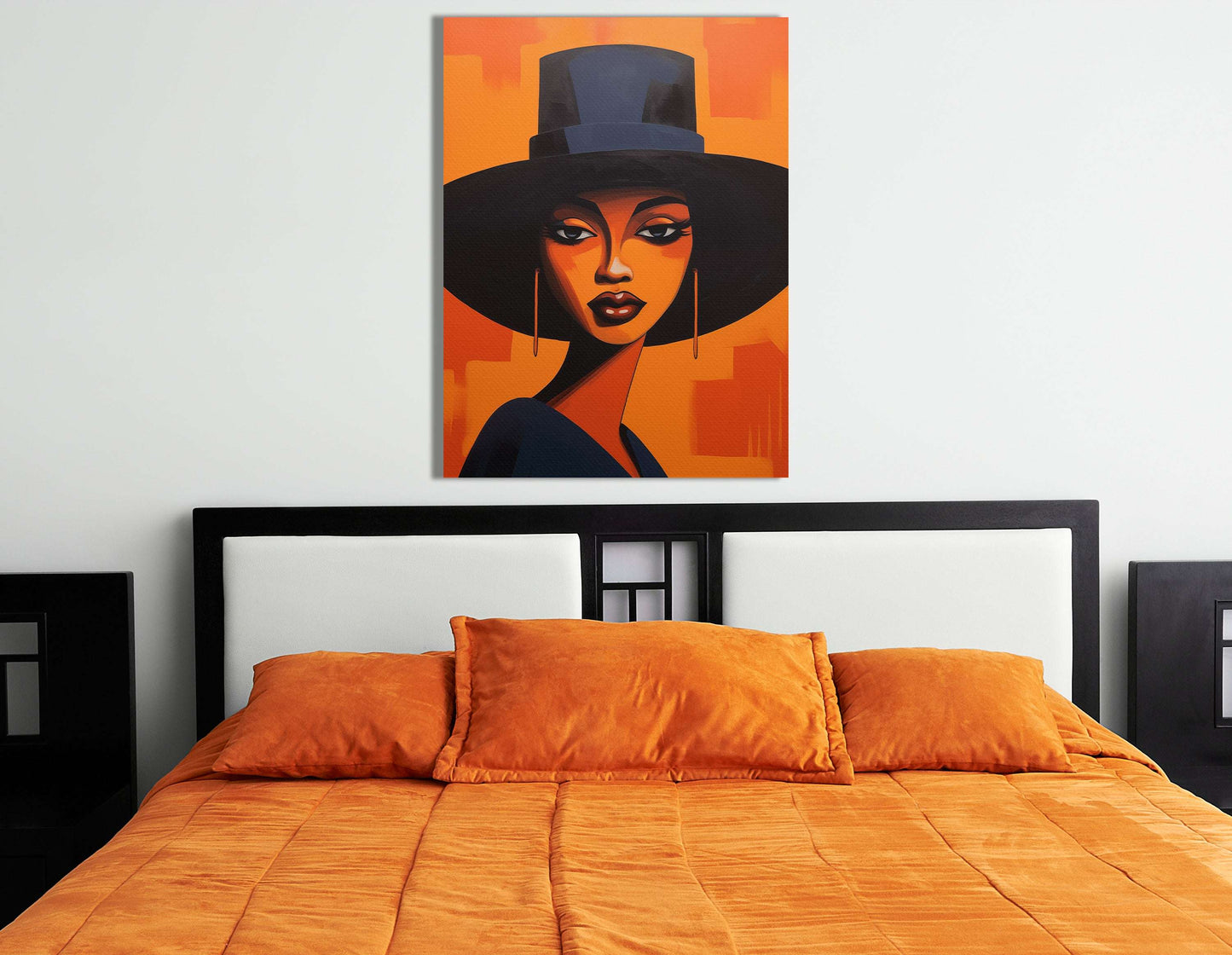 Lady in Black Hat on Orange - Canvas Print - Artoholica Ready to Hang Canvas Print