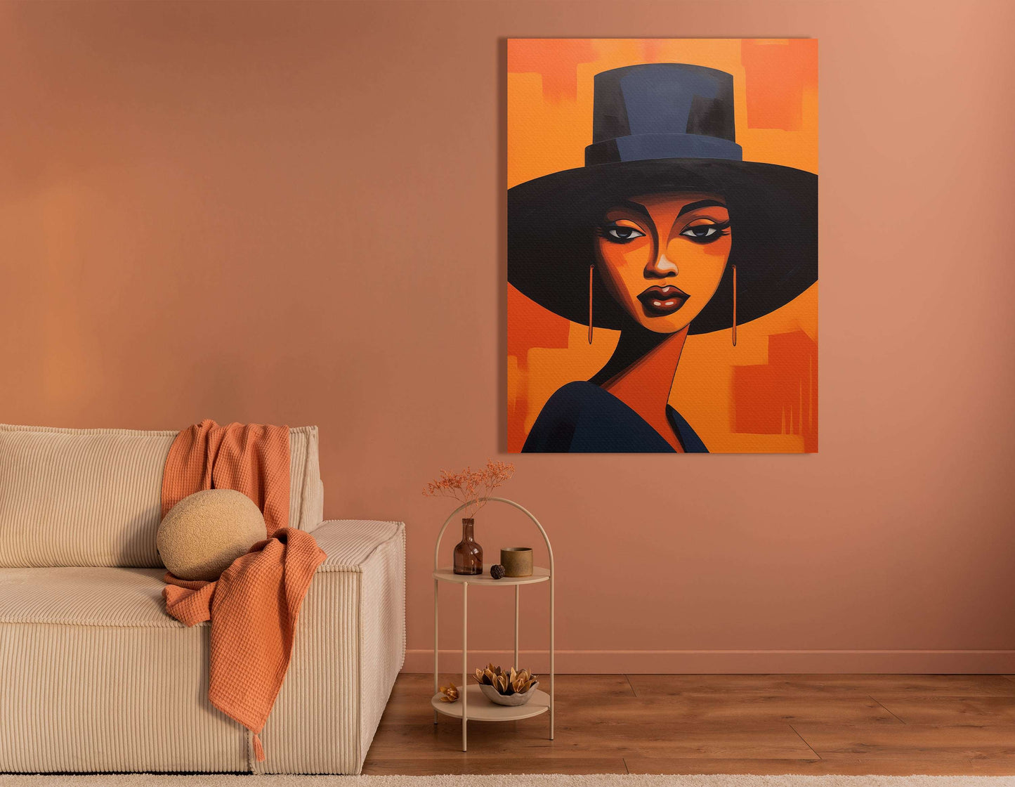 Lady in Black Hat on Orange - Canvas Print - Artoholica Ready to Hang Canvas Print