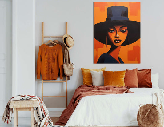 Lady in Black Hat on Orange - Canvas Print - Artoholica Ready to Hang Canvas Print