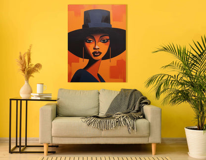 Lady in Black Hat on Orange - Canvas Print - Artoholica Ready to Hang Canvas Print