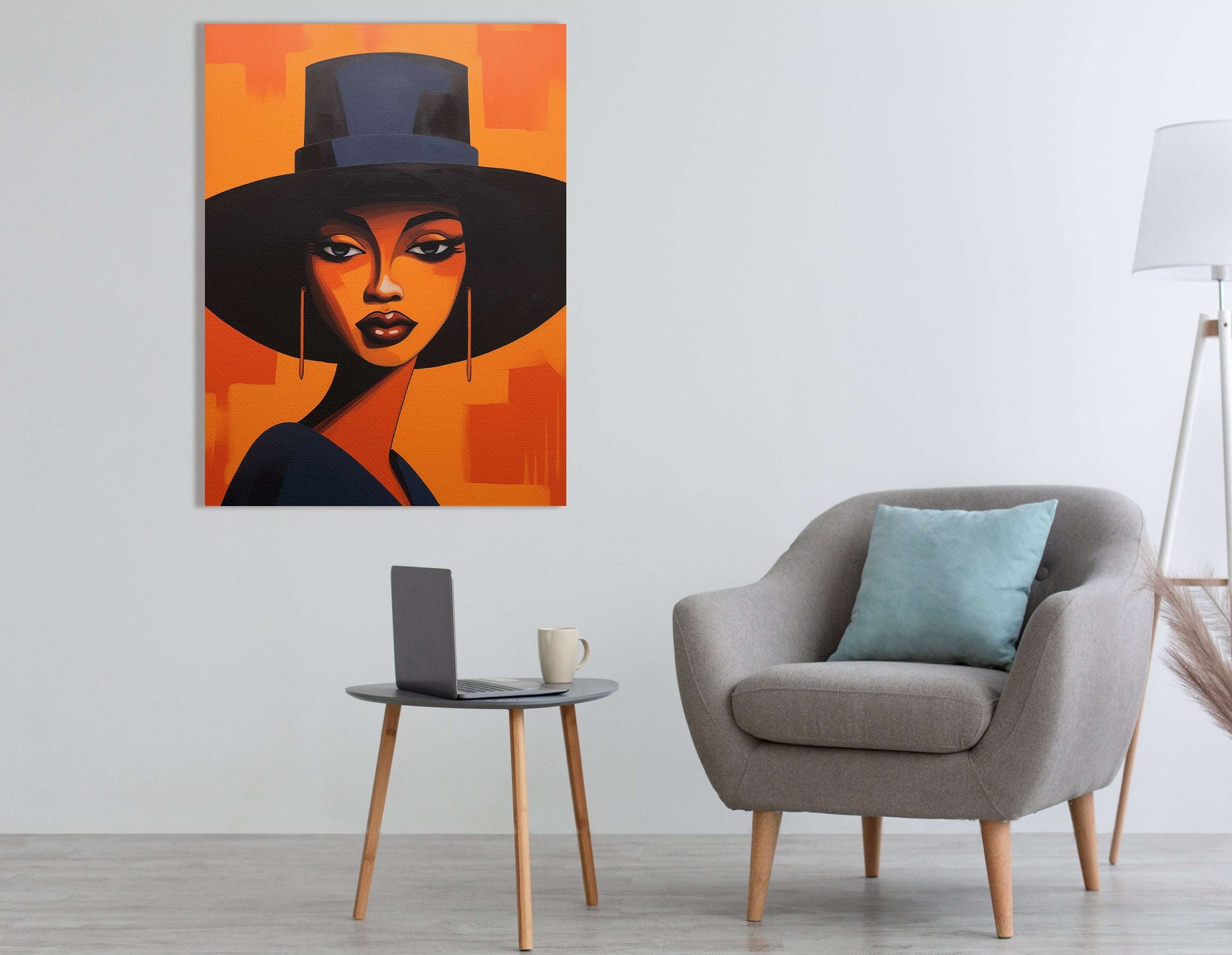 Lady in Black Hat on Orange - Canvas Print - Artoholica Ready to Hang Canvas Print