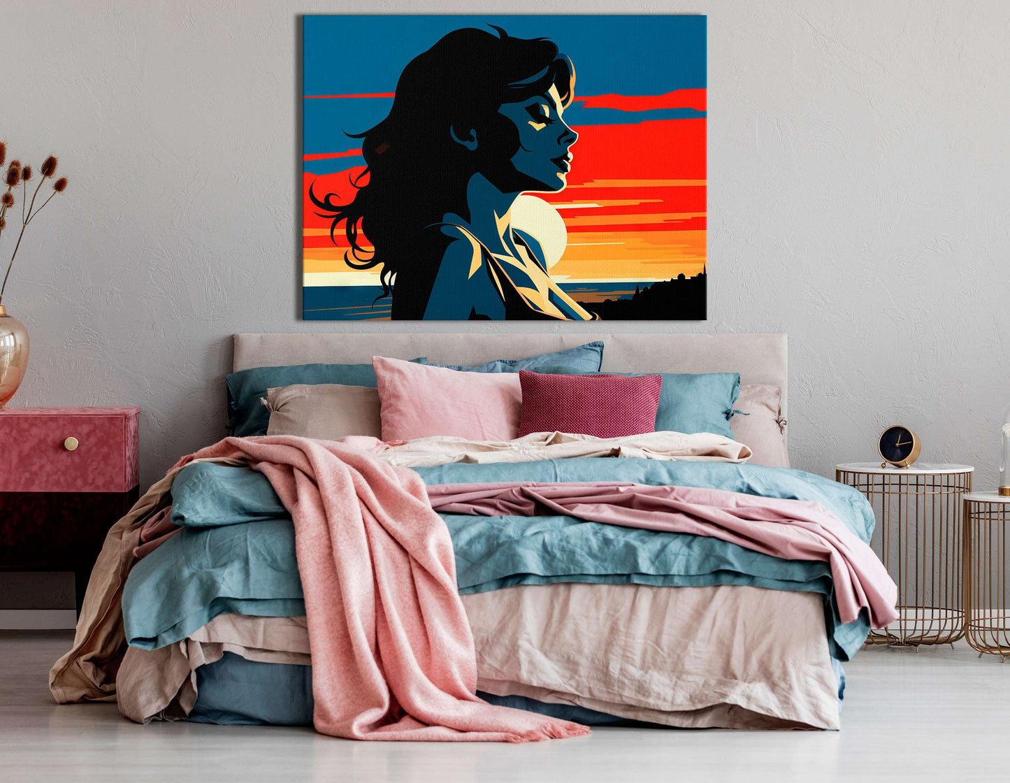 Lady Staring into the Sunset in Pop Art Style - Canvas Print - Artoholica Ready to Hang Canvas Print