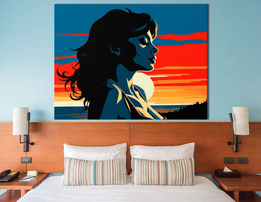 Lady Staring into the Sunset in Pop Art Style - Canvas Print - Artoholica Ready to Hang Canvas Print