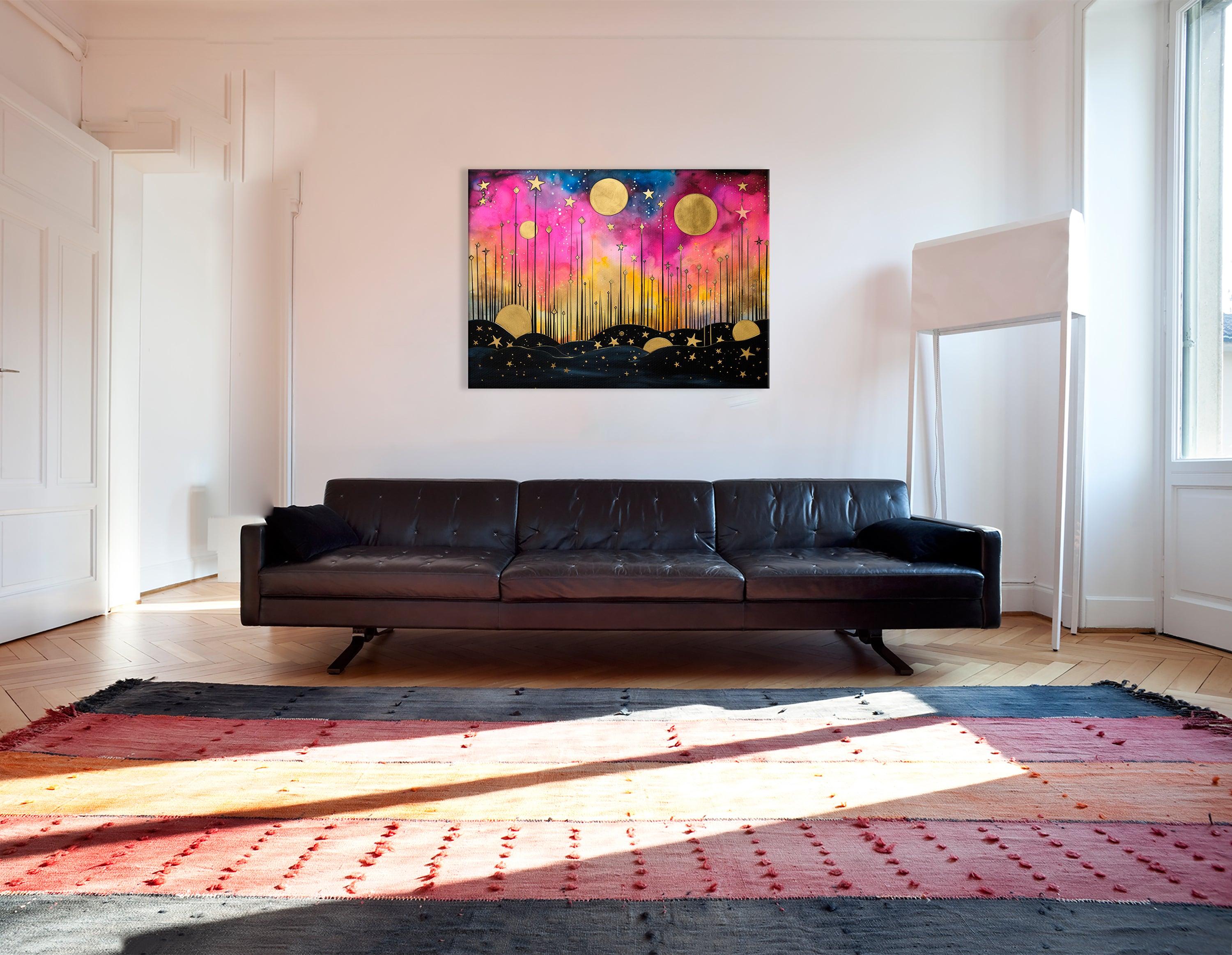 Landscape with Stars and Moons in Pink and Gold - Canvas Print - Artoholica Ready to Hang Canvas Print
