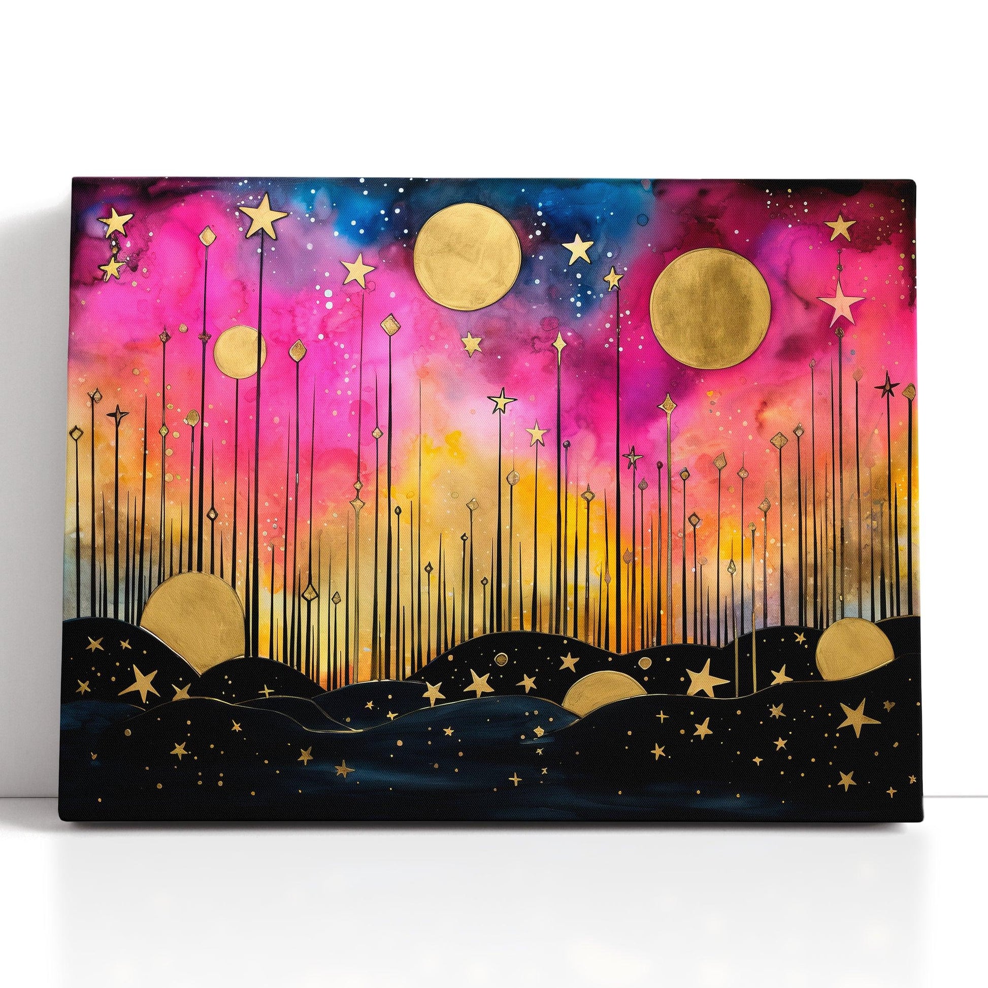 Landscape with Stars and Moons in Pink and Gold - Canvas Print - Artoholica Ready to Hang Canvas Print