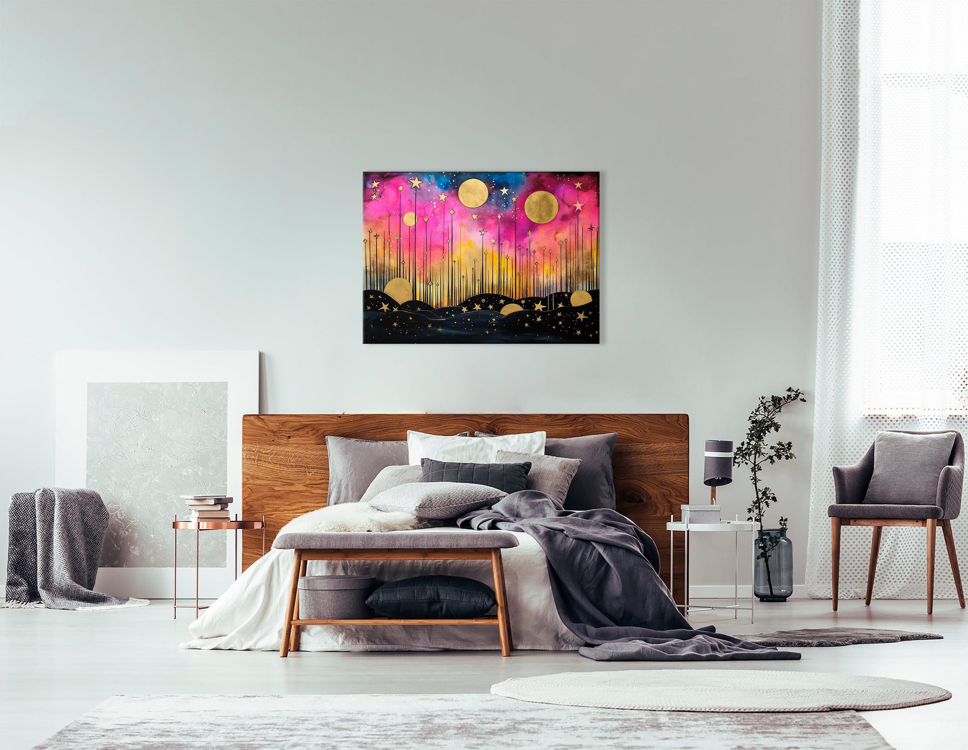 Landscape with Stars and Moons in Pink and Gold - Canvas Print - Artoholica Ready to Hang Canvas Print