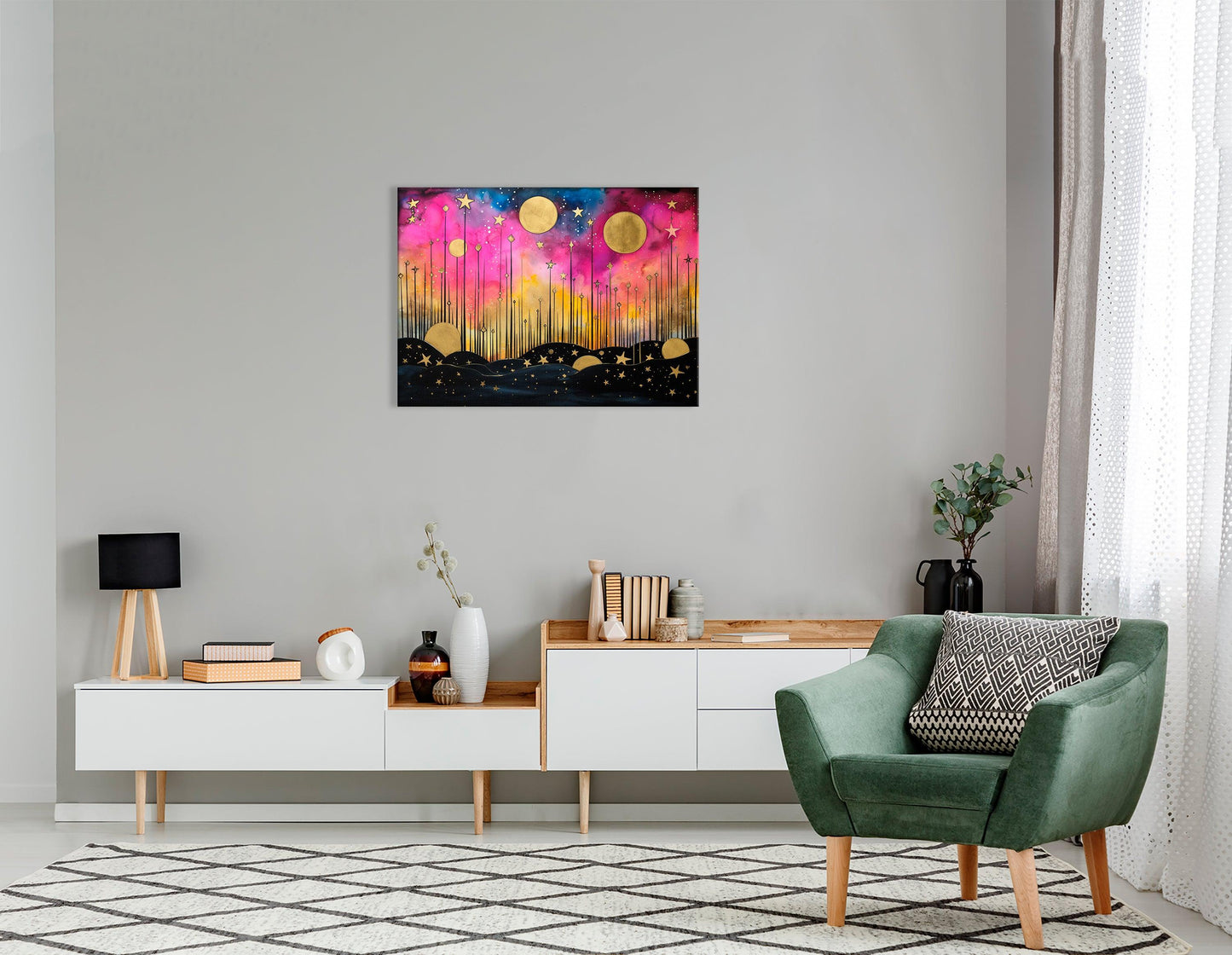 Landscape with Stars and Moons in Pink and Gold - Canvas Print - Artoholica Ready to Hang Canvas Print