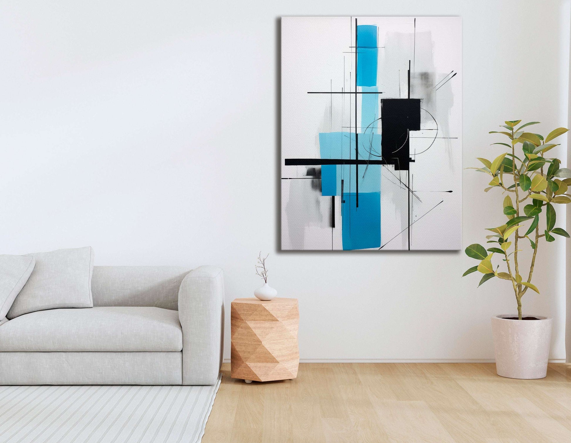 Light Azure & Black Minimalist Abstract Lines - Canvas Print - Artoholica Ready to Hang Canvas Print