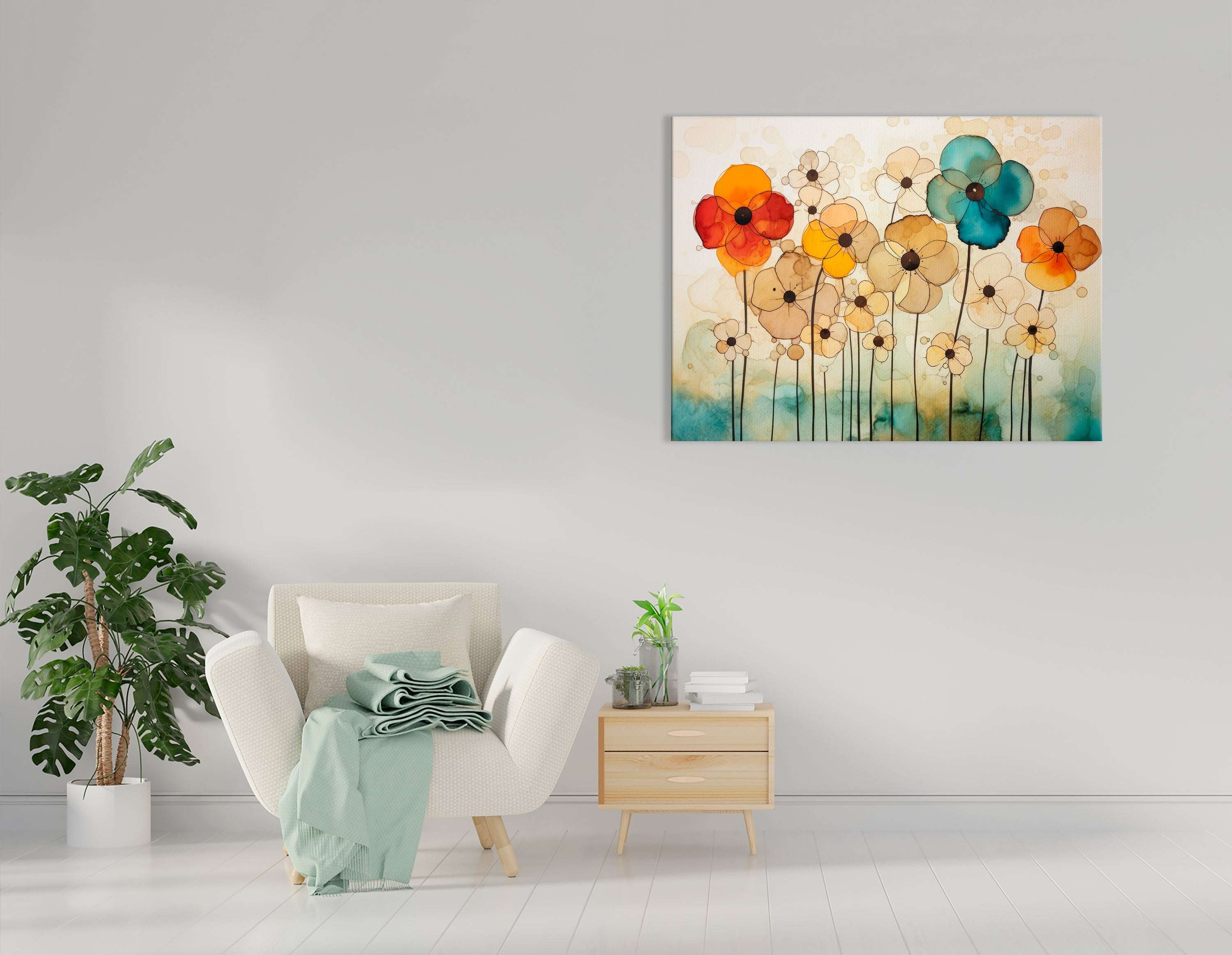 Light Beige and Teal Alcohol Ink Flowers - Canvas Print - Artoholica Ready to Hang Canvas Print