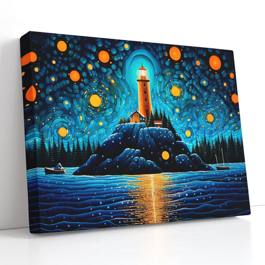 Lighthouse under Starry Night Sky - Canvas Print - Artoholica Ready to Hang Canvas Print