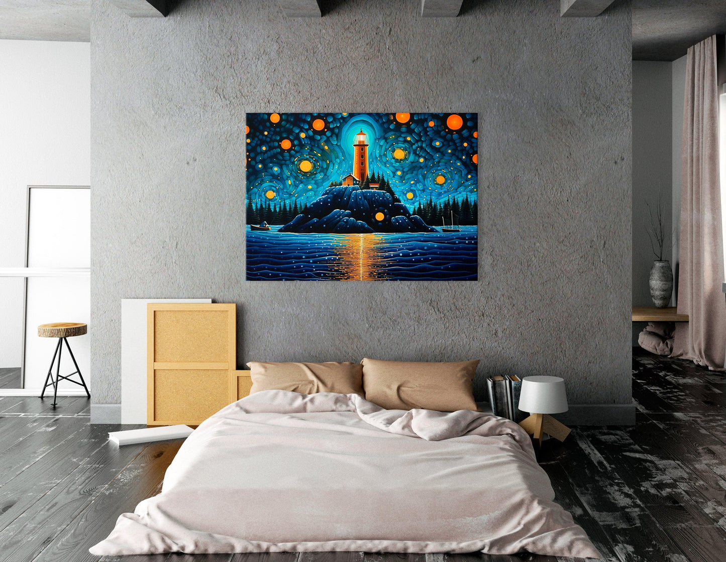 Lighthouse under Starry Night Sky - Canvas Print - Artoholica Ready to Hang Canvas Print