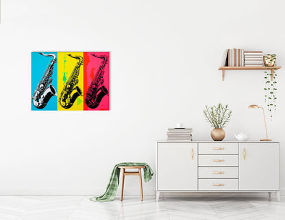 Lively Blue, Yellow and Pink Pop Art Saxophone Trio - Canvas Print - Artoholica Ready to Hang Canvas Print