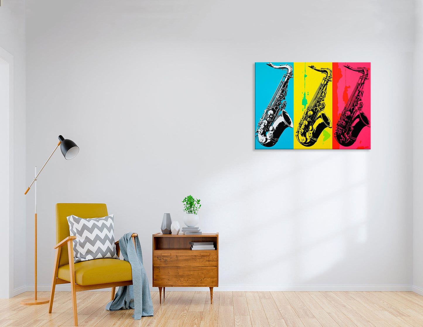 Lively Blue, Yellow and Pink Pop Art Saxophone Trio - Canvas Print - Artoholica Ready to Hang Canvas Print