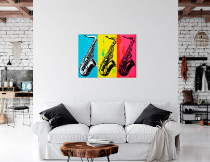 Lively Blue, Yellow and Pink Pop Art Saxophone Trio - Canvas Print - Artoholica Ready to Hang Canvas Print