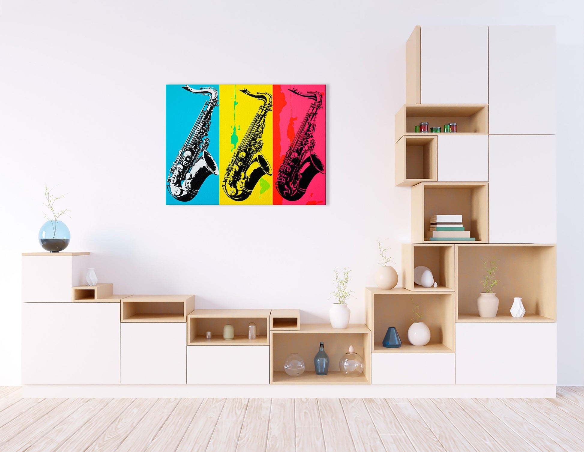 Lively Blue, Yellow and Pink Pop Art Saxophone Trio - Canvas Print - Artoholica Ready to Hang Canvas Print