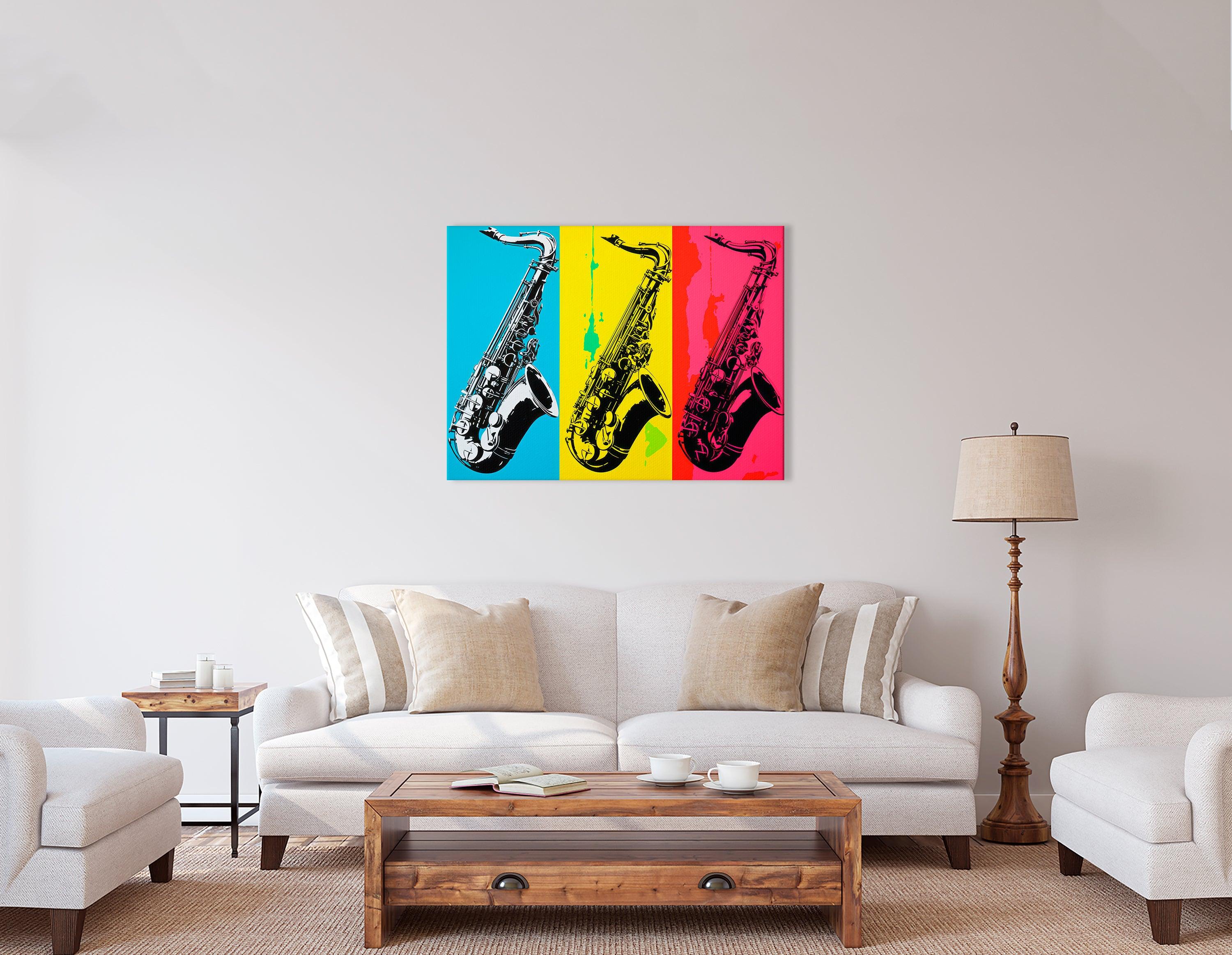 Lively Blue, Yellow and Pink Pop Art Saxophone Trio - Canvas Print - Artoholica Ready to Hang Canvas Print
