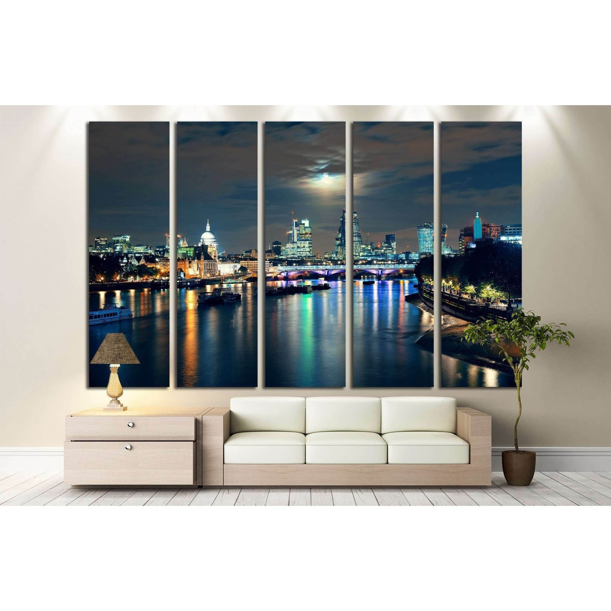 London cityscape with urban buildings and moon over Thames River at night №2164 Ready to Hang Canvas PrintCanvas art arrives ready to hang, with hanging accessories included and no additional framing required. Every canvas print is hand-crafted, made on-d