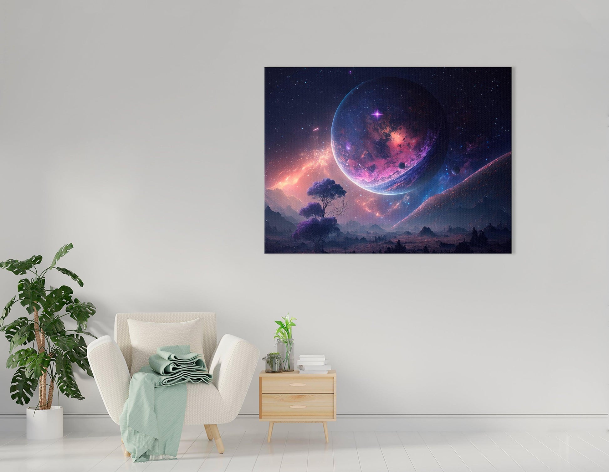 Lone Tree in Purple and Blue Space Landscape - Canvas Print - Artoholica Ready to Hang Canvas Print