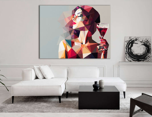 Low-Poly Lady in Red with Wine - Canvas Print - Artoholica Ready to Hang Canvas Print