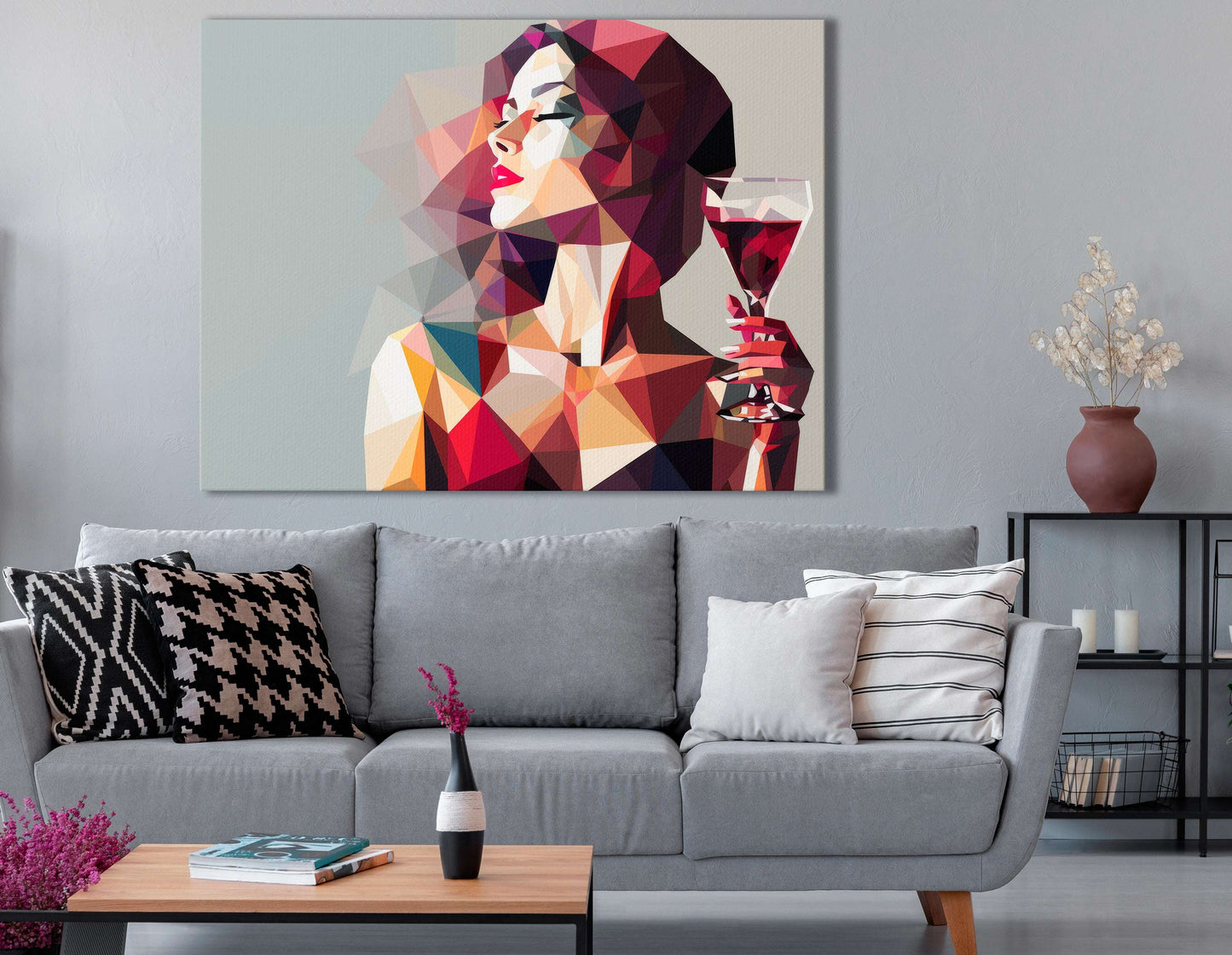 Low-Poly Lady in Red with Wine - Canvas Print - Artoholica Ready to Hang Canvas Print