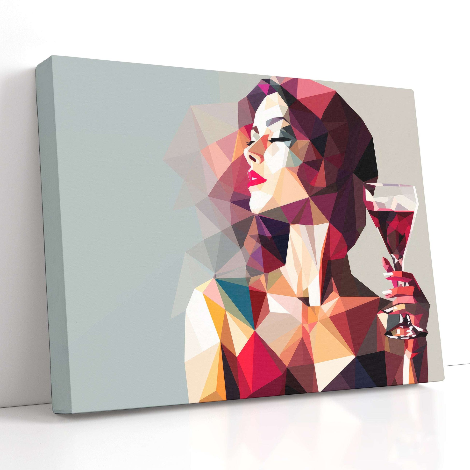 Low-Poly Lady in Red with Wine - Canvas Print - Artoholica Ready to Hang Canvas Print