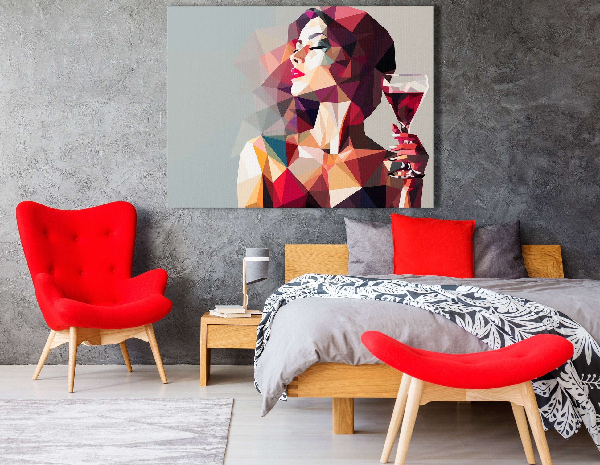 Low-Poly Lady in Red with Wine - Canvas Print - Artoholica Ready to Hang Canvas Print