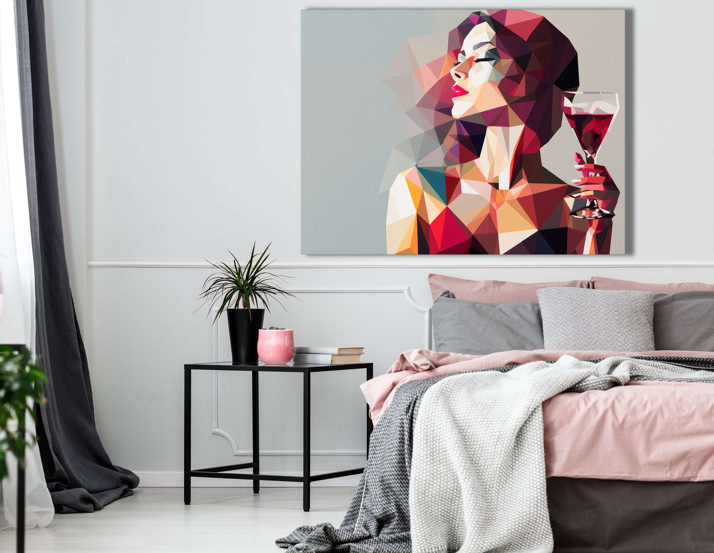 Low-Poly Lady in Red with Wine - Canvas Print - Artoholica Ready to Hang Canvas Print