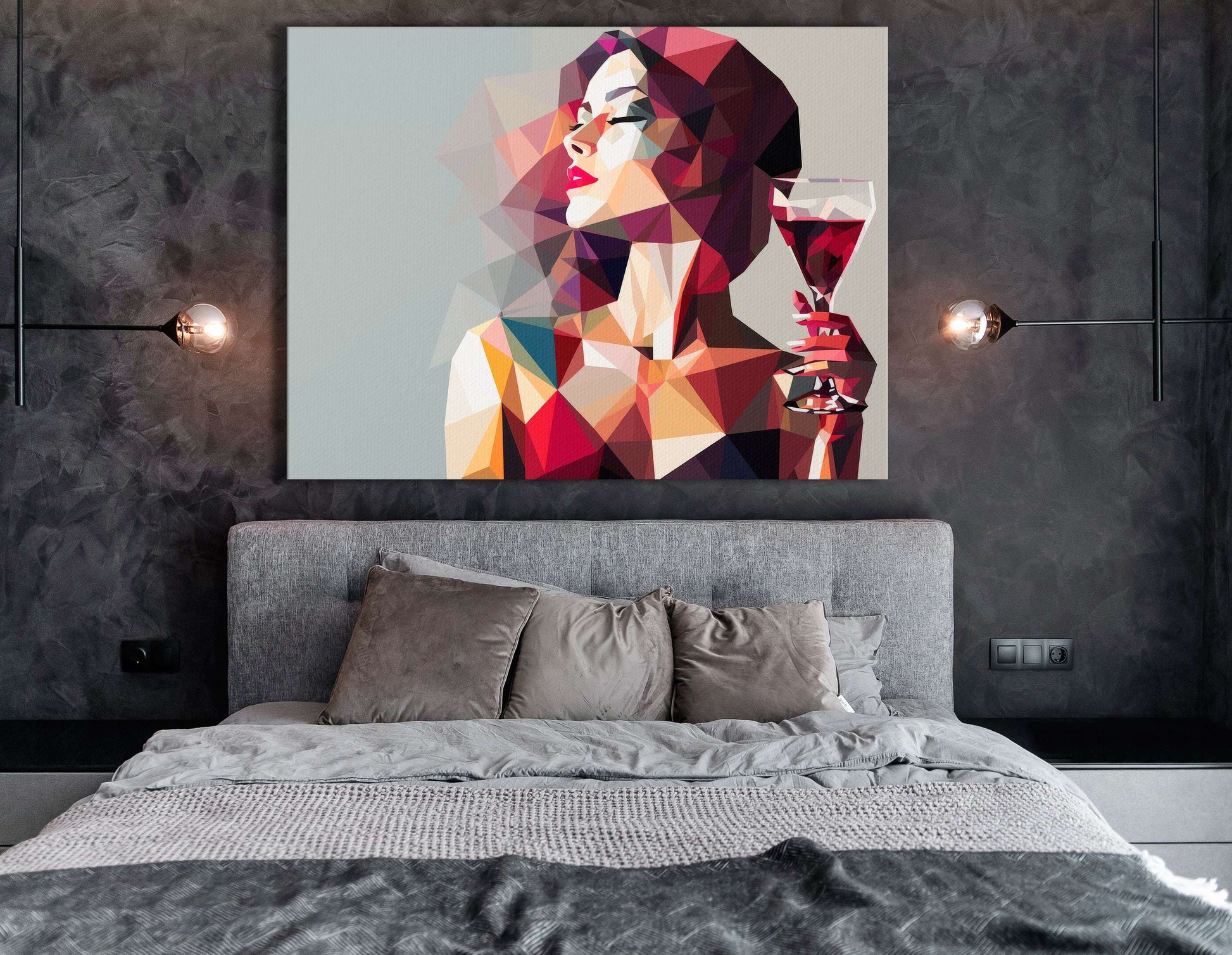 Low-Poly Lady in Red with Wine - Canvas Print - Artoholica Ready to Hang Canvas Print