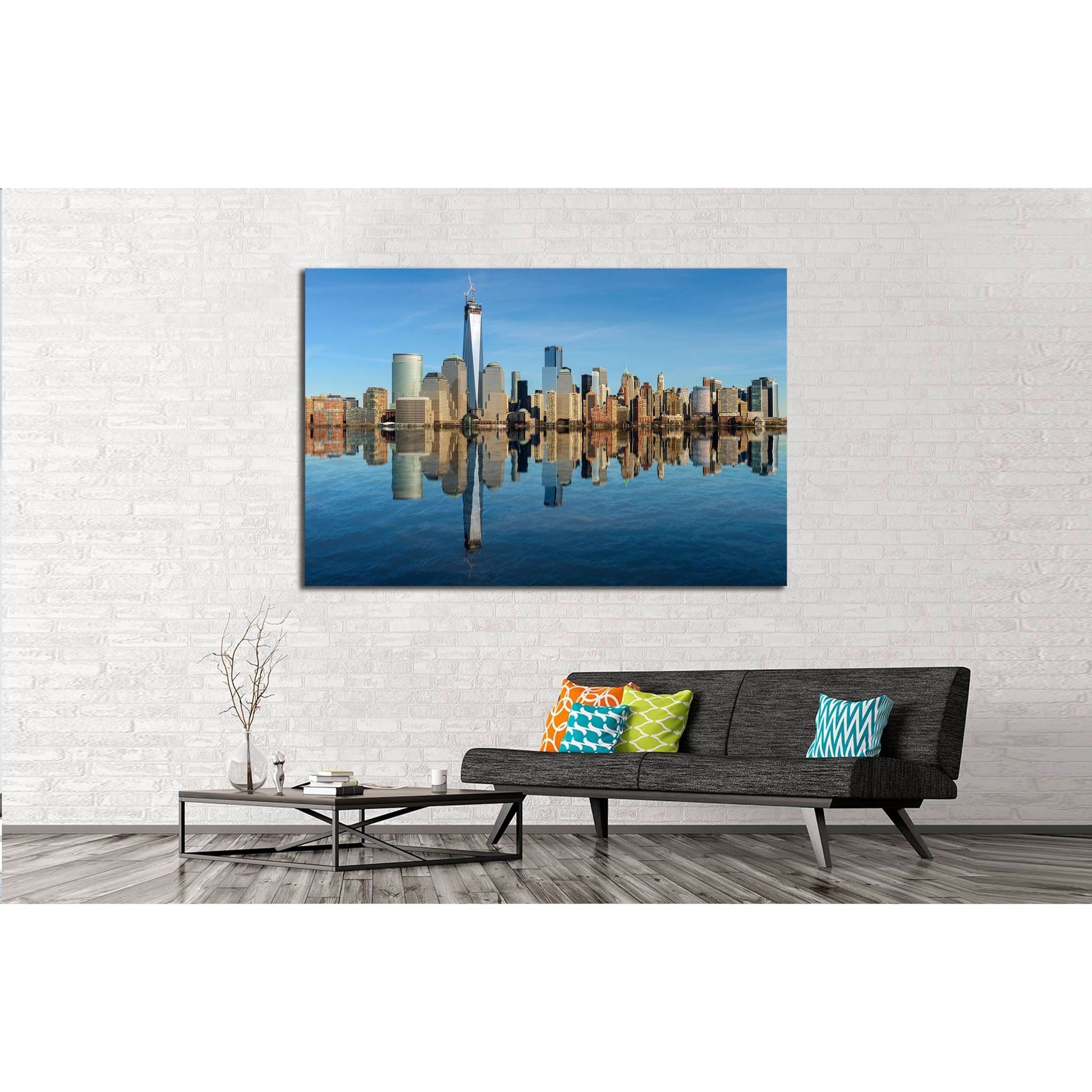 Lower Manhattan skyline panorama over East River with reflection and blue sky №2625 Ready to Hang Canvas PrintCanvas art arrives ready to hang, with hanging accessories included and no additional framing required. Every canvas print is hand-crafted, made