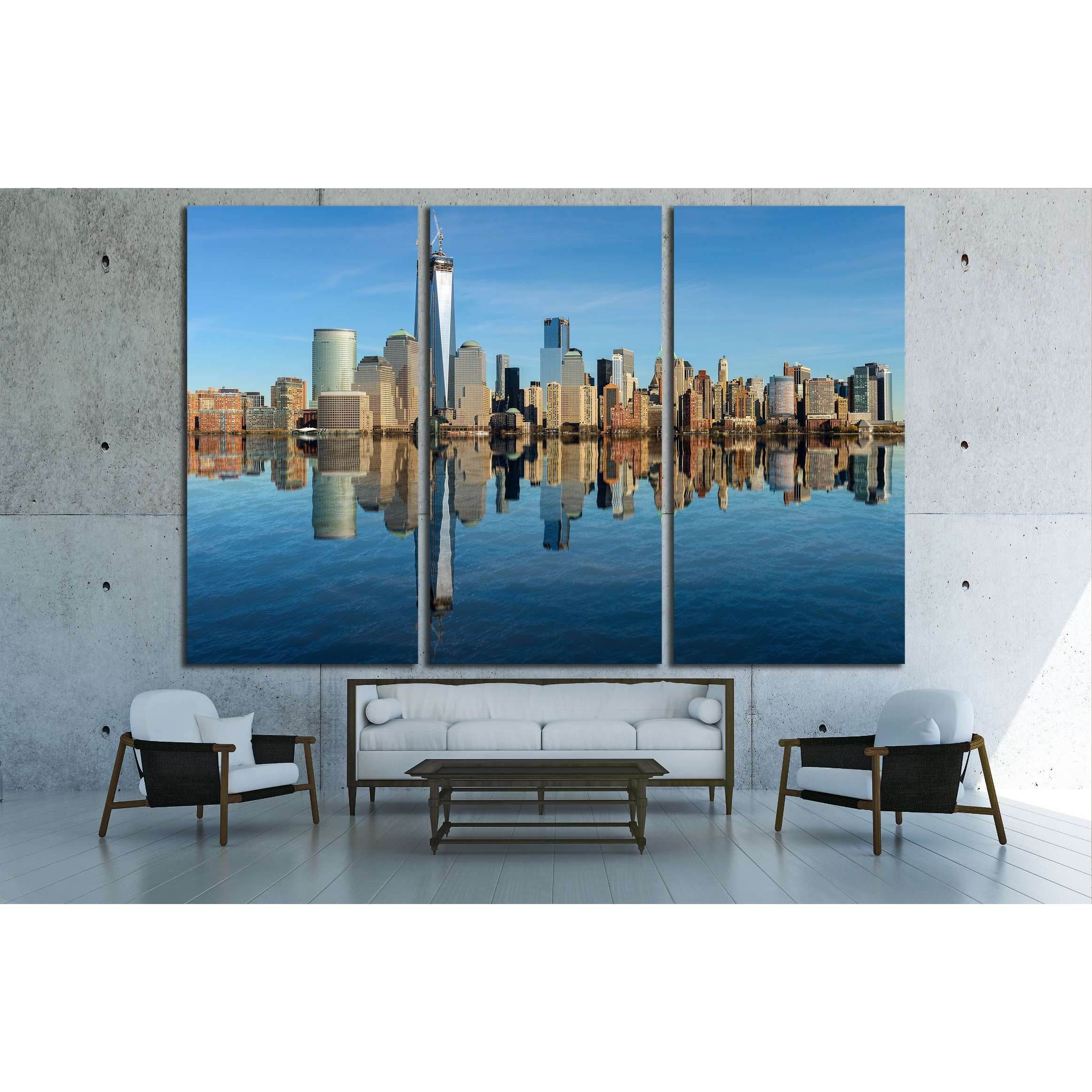 Lower Manhattan skyline panorama over East River with reflection and blue sky №2625 Ready to Hang Canvas PrintCanvas art arrives ready to hang, with hanging accessories included and no additional framing required. Every canvas print is hand-crafted, made