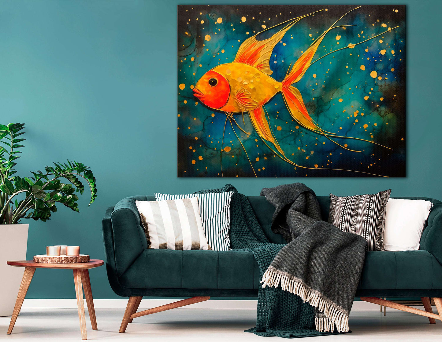 Magical Gold Fish in a Dark Blue Sea - Canvas Print - Artoholica Ready to Hang Canvas Print