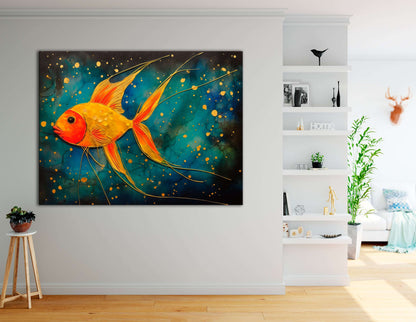 Magical Gold Fish in a Dark Blue Sea - Canvas Print - Artoholica Ready to Hang Canvas Print