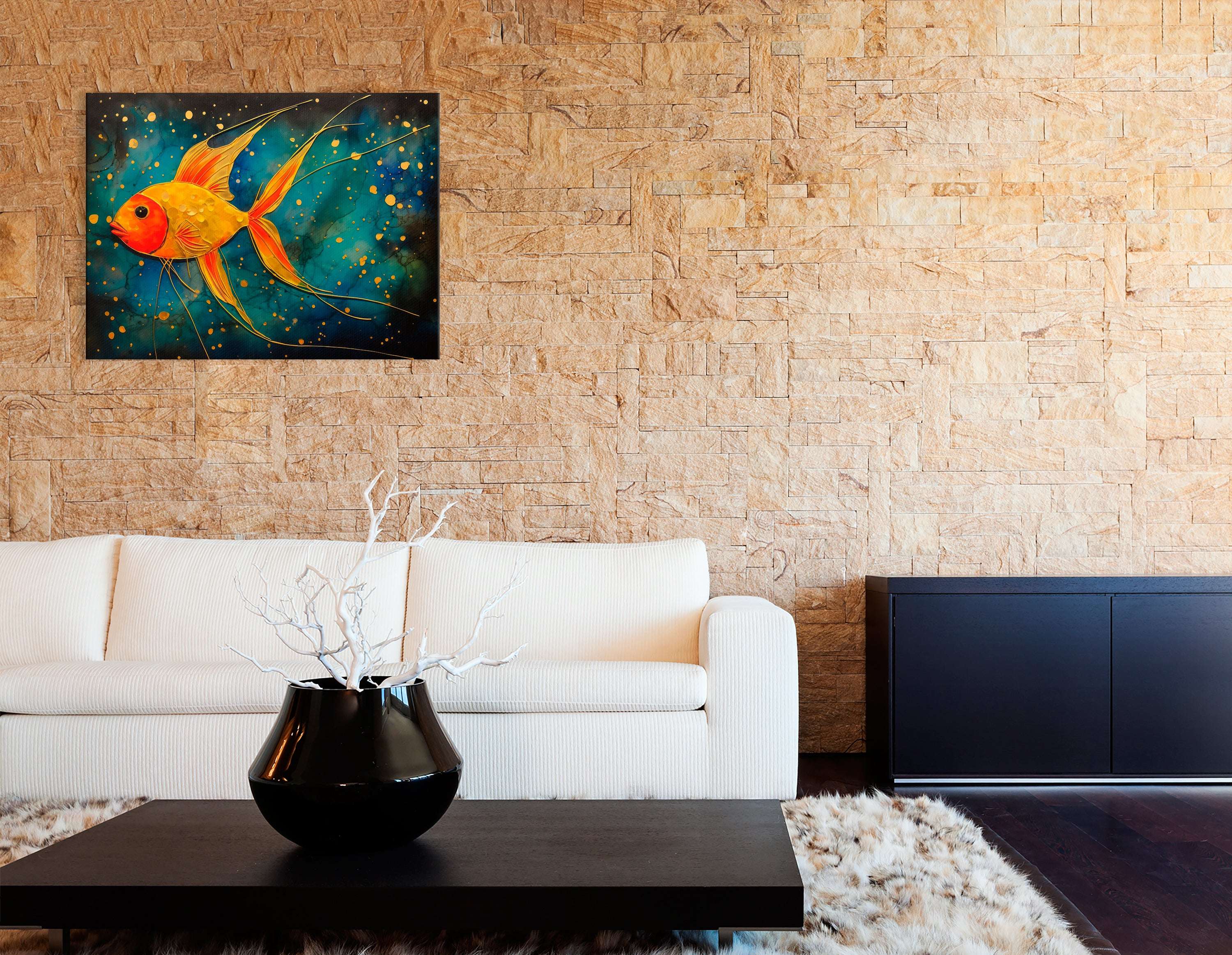 Magical Gold Fish in a Dark Blue Sea - Canvas Print - Artoholica Ready to Hang Canvas Print
