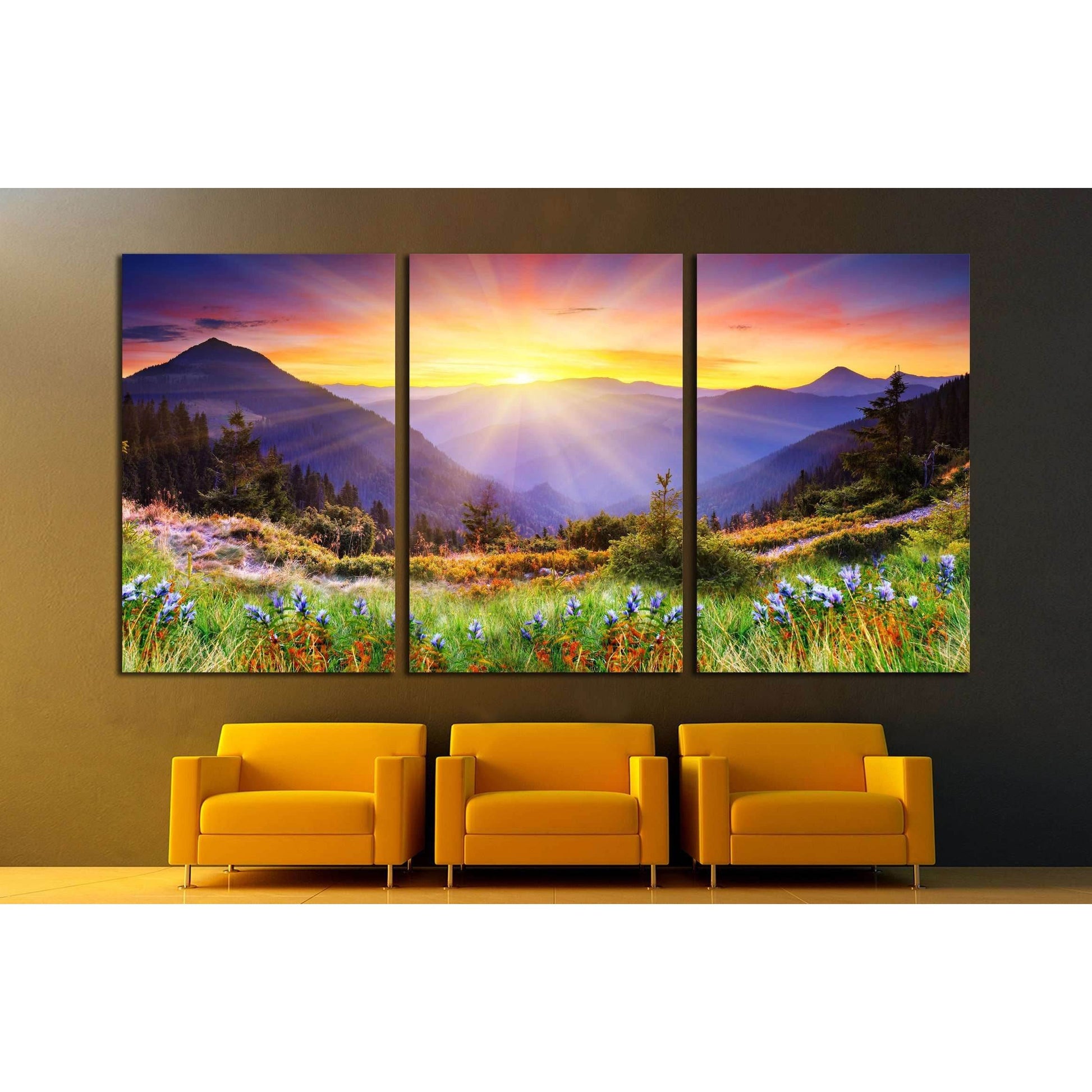 Golden Light Mountain Landscape Wall Art for Inspiring DecorThis canvas print features a breathtaking mountain sunrise, casting golden light over a wildflower meadow. The scene, rich in warm colors and peaceful energy, is perfect for creating a relaxing a