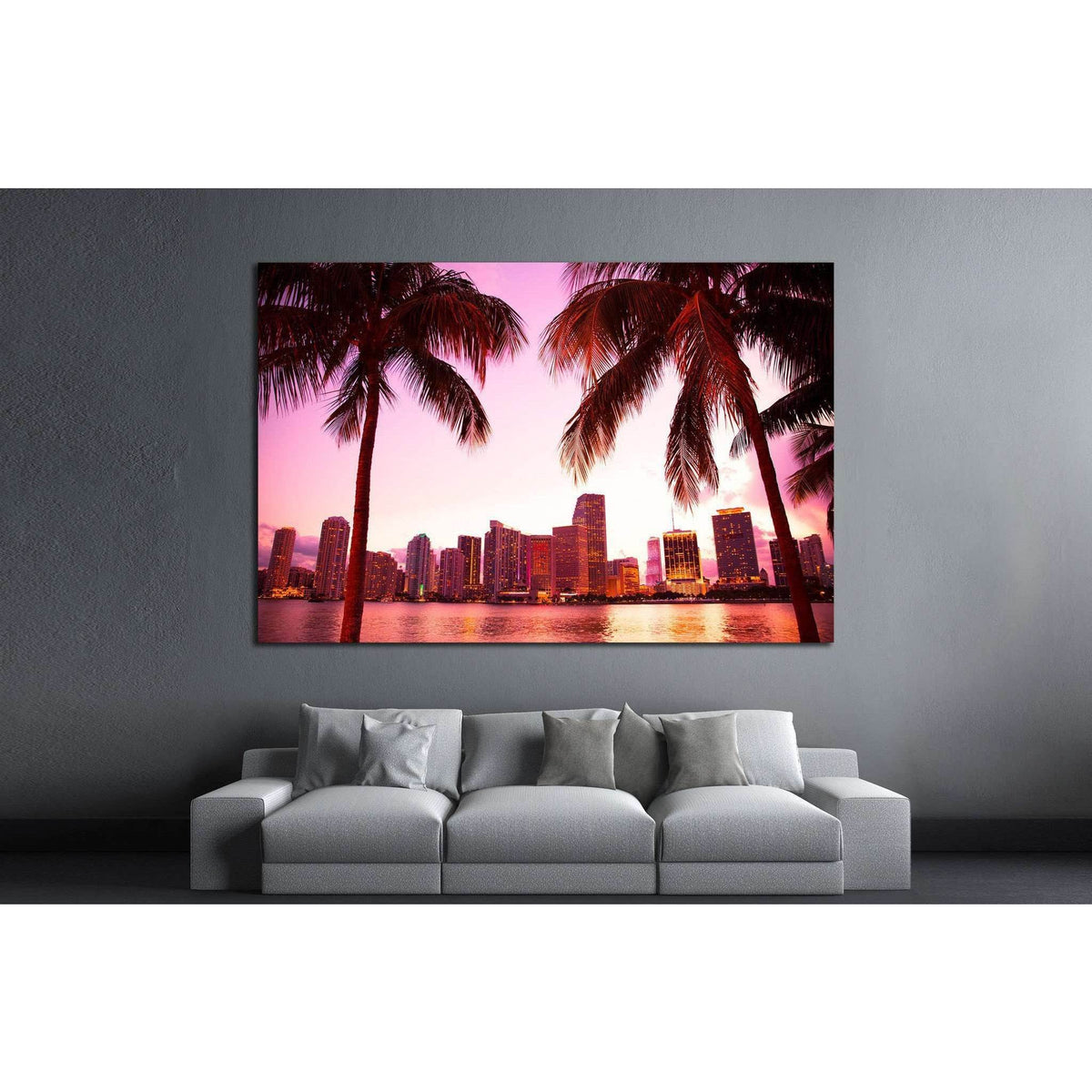 Miami Florida skyline and two palm trees №1266 Ready to Hang Canvas PrintCanvas art arrives ready to hang, with hanging accessories included and no additional framing required. Every canvas print is hand-crafted, made on-demand at our workshop and expertl