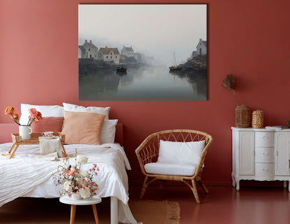 Minimalistic Foggy River and Fishing Village Landscape - Canvas Print - Artoholica Ready to Hang Canvas Print