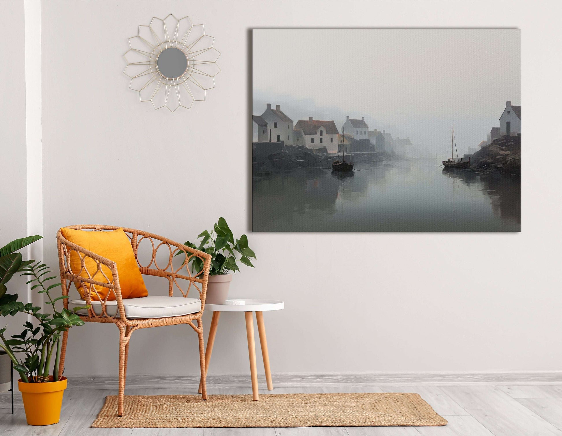 Minimalistic Foggy River and Fishing Village Landscape - Canvas Print - Artoholica Ready to Hang Canvas Print