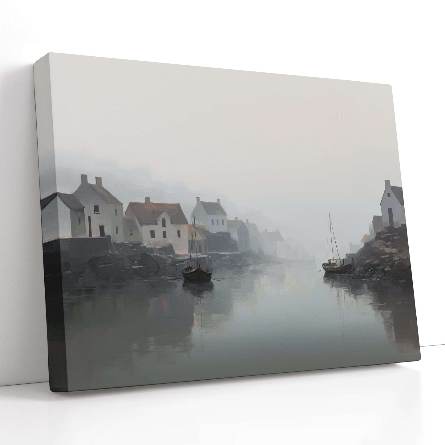 Minimalistic Foggy River and Fishing Village Landscape - Canvas Print - Artoholica Ready to Hang Canvas Print