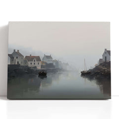 Minimalistic Foggy River and Fishing Village Landscape - Canvas Print - Artoholica Ready to Hang Canvas Print