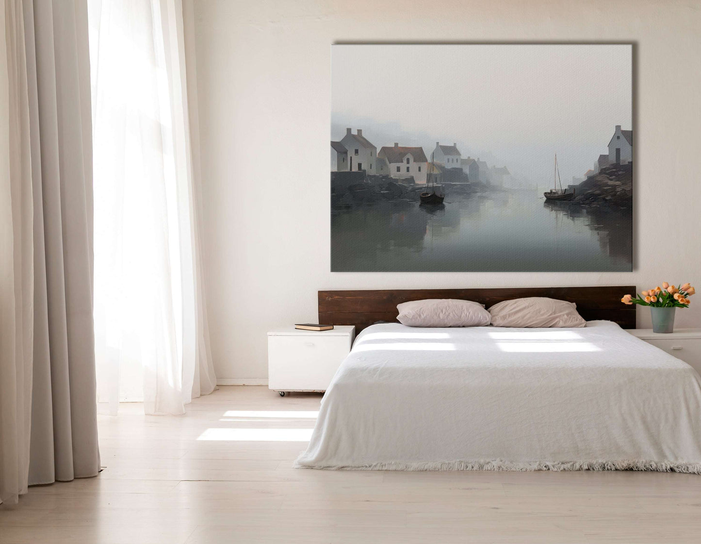 Minimalistic Foggy River and Fishing Village Landscape - Canvas Print - Artoholica Ready to Hang Canvas Print